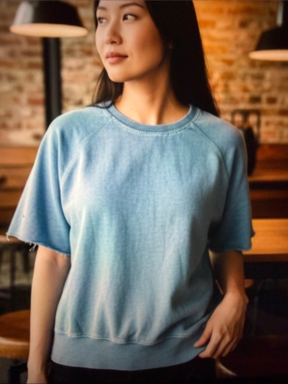 Washed Light Blue Short-Sleeve Crew Sweatshirt. NWOT